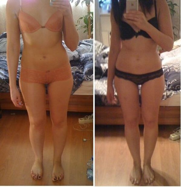 Ein Mädchen vor und nach dem Abnehmen mit einer japanischen Diät in 14 Tagen
